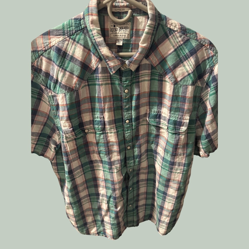 Lucky Brand Mens XXL Plaid Linen Blend Short Sleeve Western Pearl Snap Shirt
